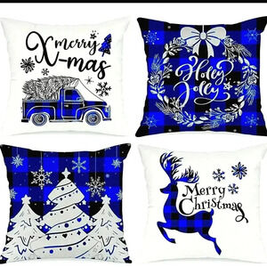 Christmas Set Of 4 Blue Farmhouse Buffalo Plaid Holiday Toss Pillow Covers